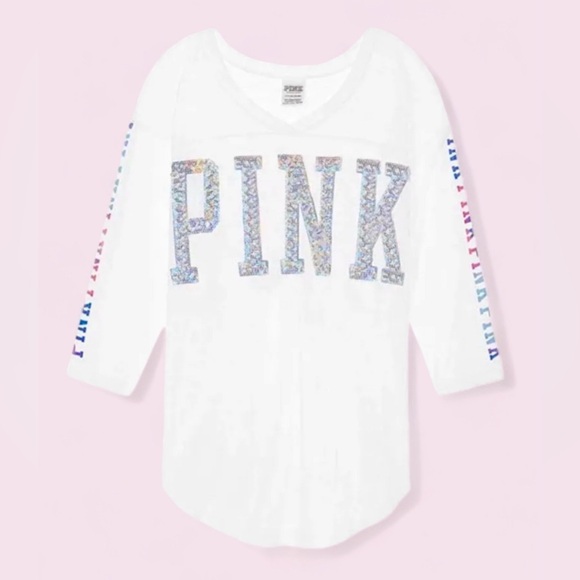 P Victoria’s  Secret Oversized V Neck T-shirt Women’s XS Bling Logo - Picture 1 of 4